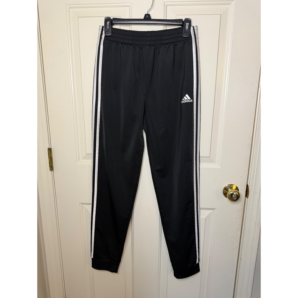 Adidas Boys Black White Stripe Tricot Track Pants Joggers Size L 18/20